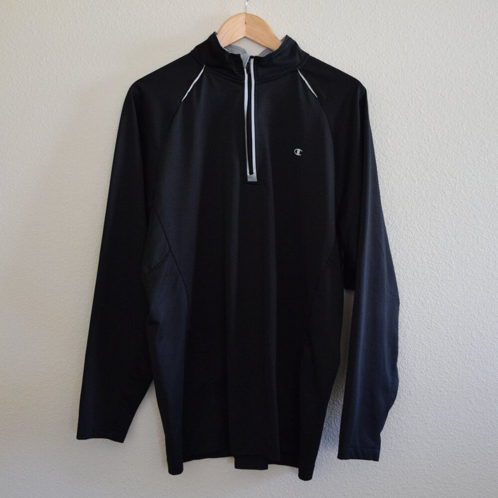 CHAMPION Quarter Zip Pullover Long Sleeve Sweater Shirt in Black Size L